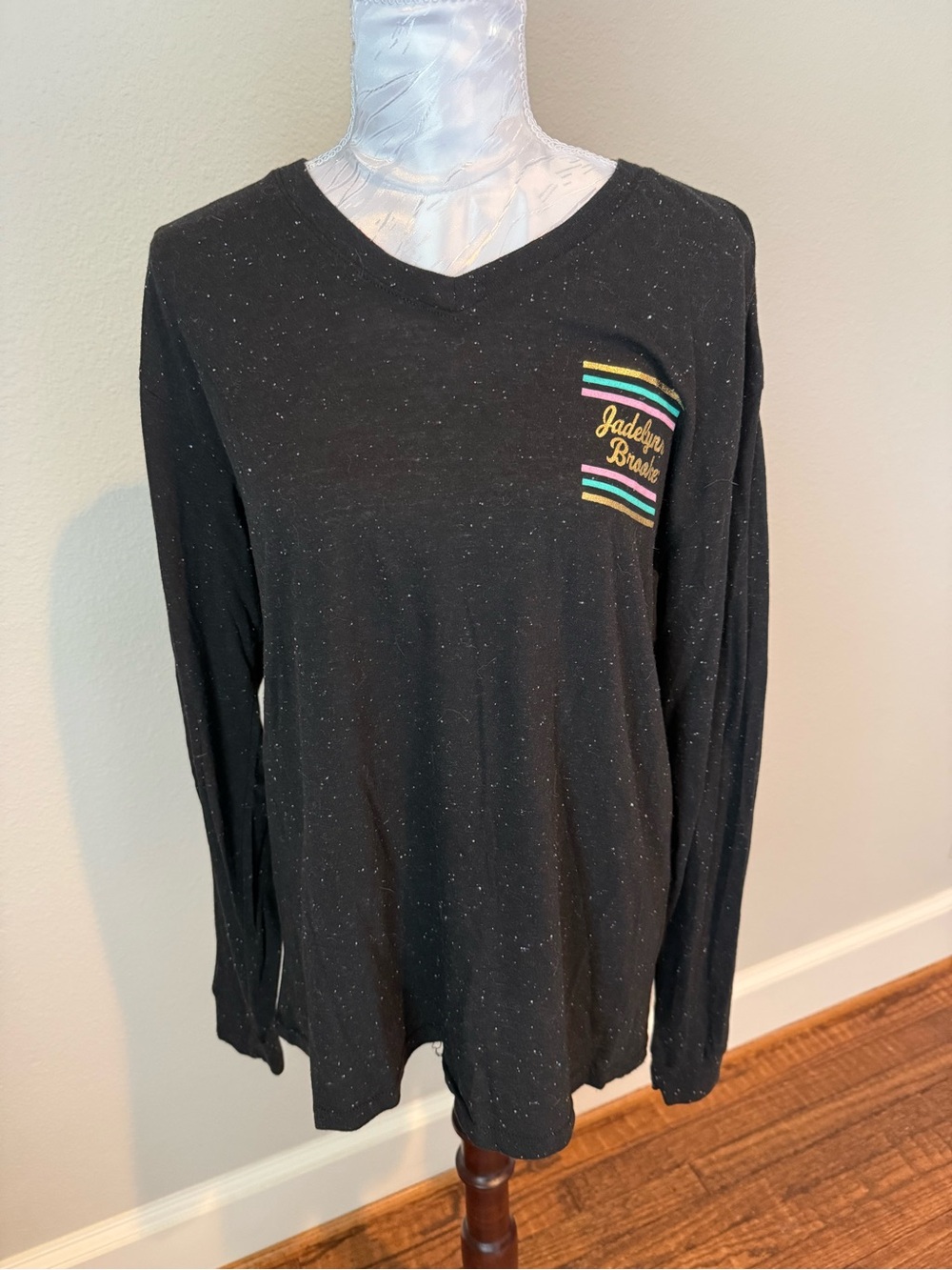 Jadelynn Brooke Black Long-Sleeve Halloween V-Neck Top with Color Stripe Logo